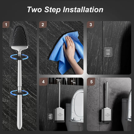 Toilet Brush & Holder Set – Silicone Bristles, Compact Ventilated Base, Silver