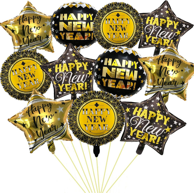 12 PCS Happy New Year 2026 Balloons 18" Black & Gold Foil Party Decorations