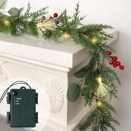 6FT Pre-Lit Christmas Garland, Green Garland with Lights & Timer for Indoor Decoration