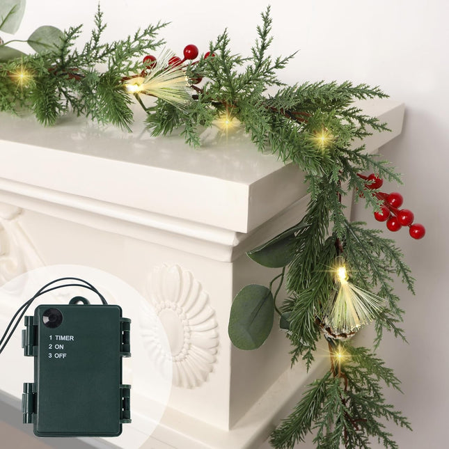 6FT Pre-Lit Christmas Garland, Green Garland with Lights & Timer for Indoor Decoration