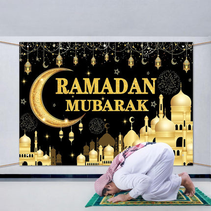 7x5 FT Ramadan Mubarak Backdrop – Black & Gold Crescent Moon & Mosque Design