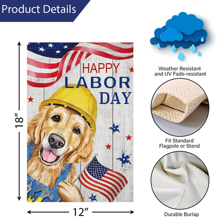Happy Labor Day Golden Retriever Garden Flag 12x18 Double Sided Burlap