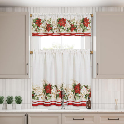3-Piece Red & White Poinsettia Christmas Kitchen and Bath Tiers with Valance