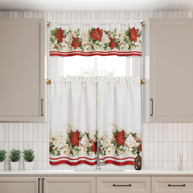 3-Piece Red & White Poinsettia Christmas Kitchen and Bath Tiers with Valance