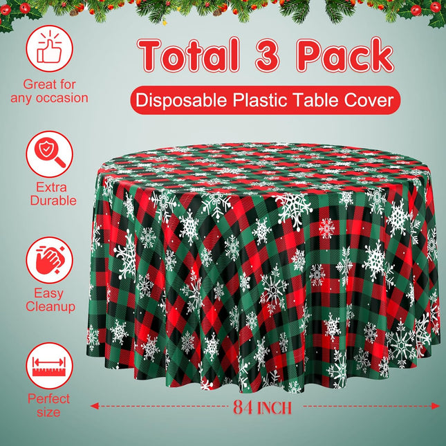 3pcs Buffalo Plaid Christmas Tablecloths – Red/Green Snowflake Round Covers 84"
