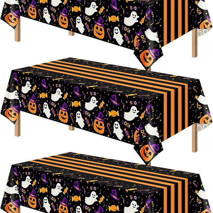 3-Pack 54x108in Halloween Plastic Tablecloths, Disposable Ghost Black Table Covers