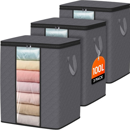 3 Pack 100L Foldable Clothes Storage Bags, Grey, Clear Window, Reinforced Handles
