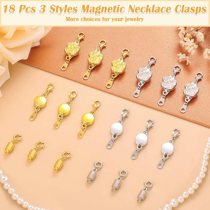 18PCS Magnetic Necklace Clasps Set 3 Styles Jewelry Connectors Gold Silver