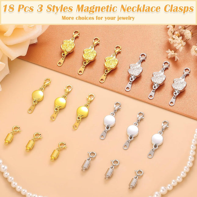 18PCS Magnetic Necklace Clasps Set 3 Styles Jewelry Connectors Gold Silver