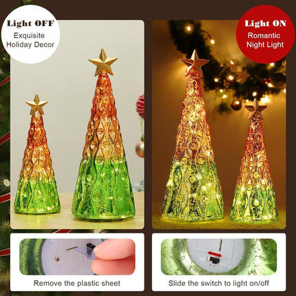 2PCS Glass Christmas Trees – Mercury Tabletop Trees with Lights & Battery