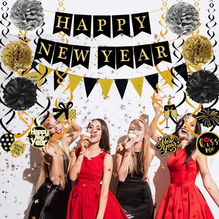 Happy New Year 2026 Hanging Bunting – Flags, Pom Poms & Swirl Garland