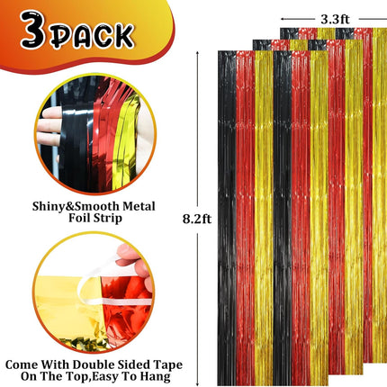 3 Pack Red Black Gold Foil Fringe Backdrop Curtains 3.3x8.2 ft Party Decor
