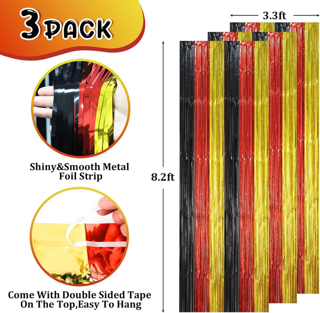 3 Pack Red Black Gold Foil Fringe Backdrop Curtains 3.3x8.2 ft Party Decor