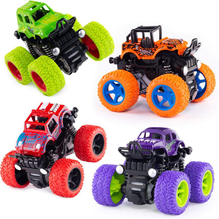 Monster Truck Toys 4 Pack Push Go Stunt Cars Friction Powered Kids Ages 3-8