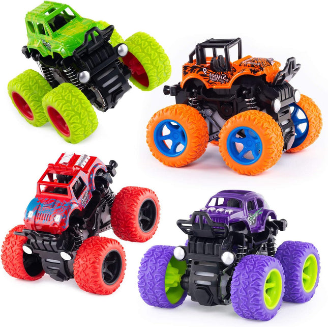 Monster Truck Toys 4 Pack Push Go Stunt Cars Friction Powered Kids Ages 3-8
