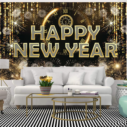 Happy New Year Party Banner – Black Fabric Firework Wall Decor