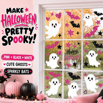 9-Sheet Pink Halloween Window Clings, Cute Ghost Pastel Glass Decals for Kids