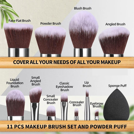 11 Piece Makeup Brush Set Bamboo Brushes & Sponge Foundation Blending