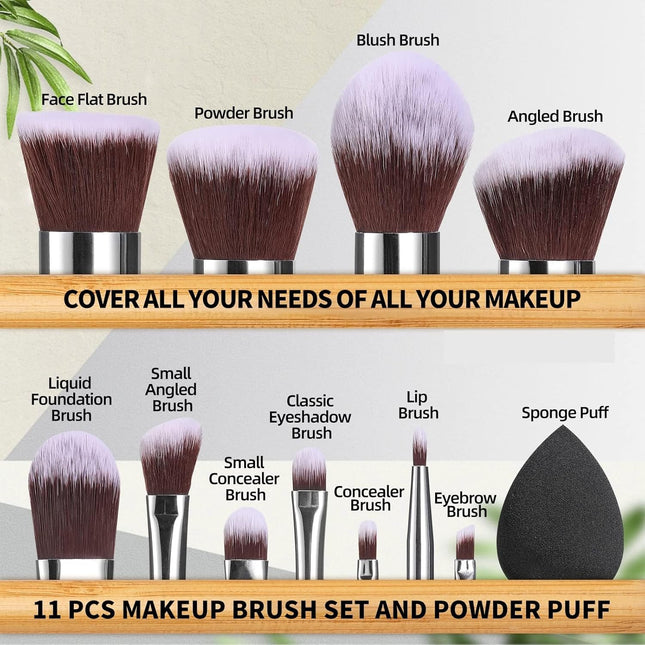 11 Piece Makeup Brush Set Bamboo Brushes & Sponge Foundation Blending