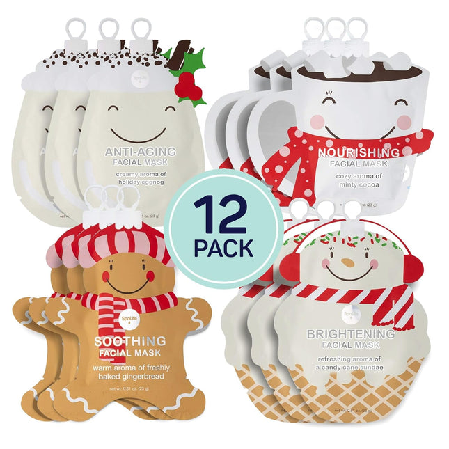 12-Pack Holiday Treat Face Masks Cocoa, Eggnog, Gingerbread & Sundae Scents