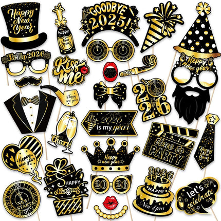 28-Piece Happy New Year 2026 Photo Booth Props – NYE Party Supplies