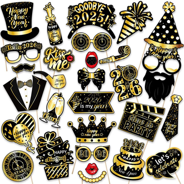 28-Piece Happy New Year 2026 Photo Booth Props – NYE Party Supplies