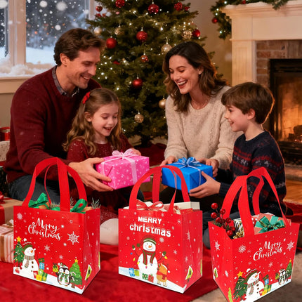 6PCS Large Christmas Gift Bags – Reusable Snowman Tote Bags for Party Favors