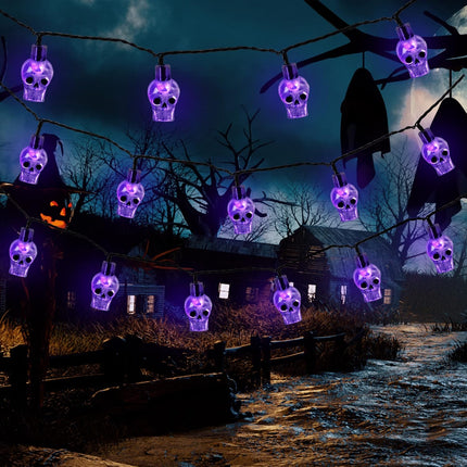 22.6FT 70LED Skull String Lights, Plug-In Purple Halloween Indoor Outdoor Decor