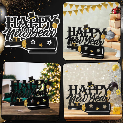New Year 2026 Wood Table Centerpiece – Black & Gold Glitter Party Sign