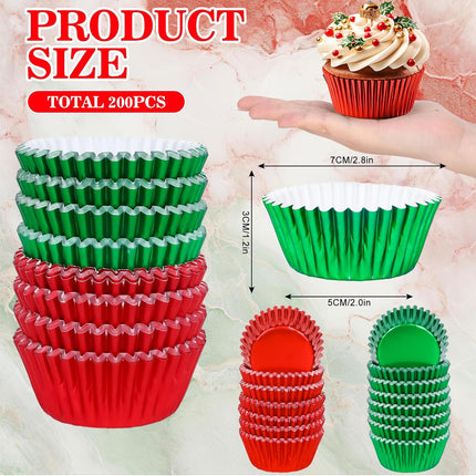 200PCS Christmas Foil Cupcake Liners – Red & Green Metallic Baking Cups