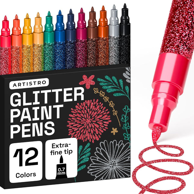 12 PCS Glitter Paint Markers for Ceramic Wood Fabric DIY Craft Extra Fine Tip