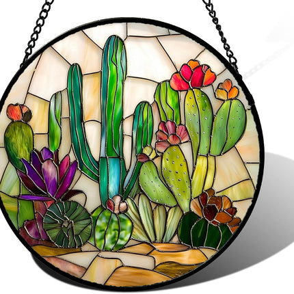 6.3" Cactus Stained Glass Suncatcher, Window Hanging Decor, Gift for Women, Mom & Grandma