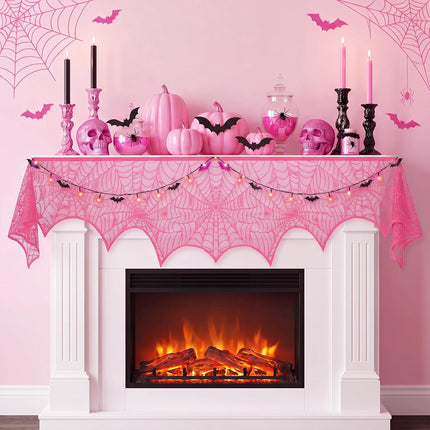 Pink Halloween Lace Spider Web Mantel Scarf 18x96in, Durable Gauze Fireplace Decor