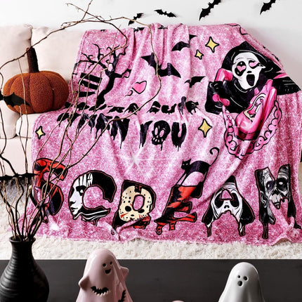 Pink Halloween Ghost Flannel Throw Blanket 60x60in, Soft Plush Couch & Bed Decor
