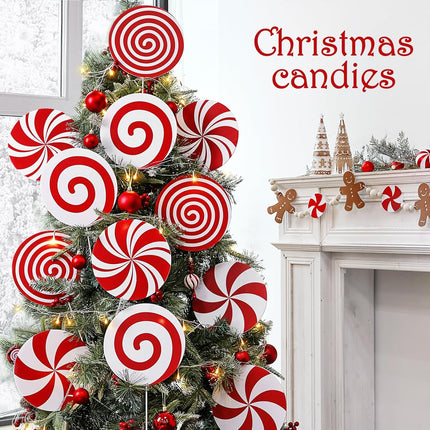 12 Candy Christmas Tree Picks – Red & White Peppermint Lollipop Decorations