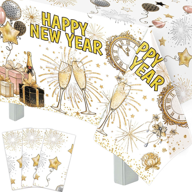 Happy New Year 2026 Tablecloth Set – 3-Pack Gold & White NYE Decor