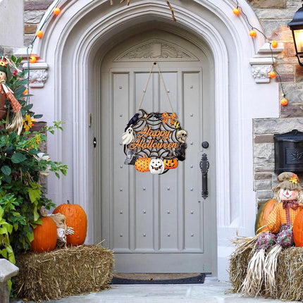 Halloween Wooden Ghost Door Wreath, Pumpkin Black Cat Front Door & Wall Hanging Decor