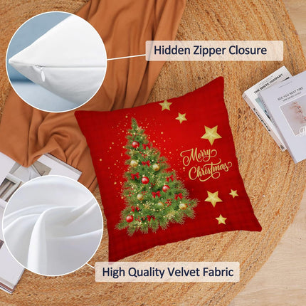 4-Pack Merry Christmas Pillow Covers, 16x16 Velvet Christmas Pillow Cases for Winter Holidays