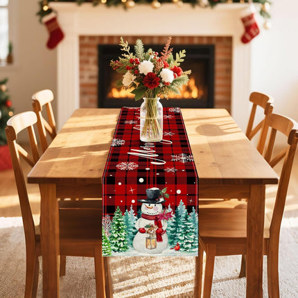Christmas Table Runner, Red with Buffalo Plaid & Snowman Design for Festive Dining