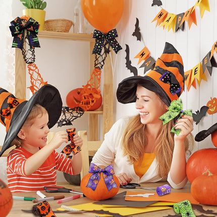 6-Roll Halloween Wired Ribbon, 30 Yards, 2.5in Witch Hat Bat Pumpkin Skull Print