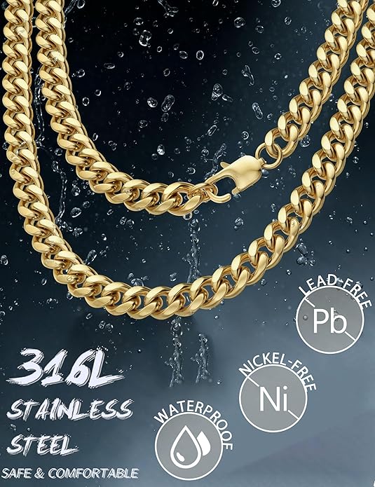 Cuban Link Chain Necklace 316L Stainless Steel 3.5mm Non Tarnish Black Silver Gold