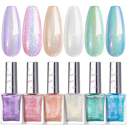 6-Color Glitter Nail Polish Set, Pastel Pearl Quick-Dry Lacquer for Nail Art