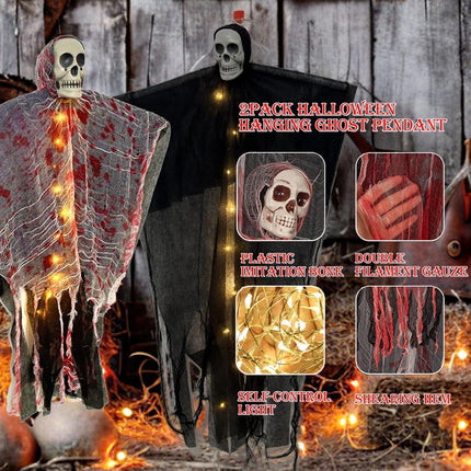 2-Pack 36in Halloween Hanging Ghosts, Scary Flying Skeleton Haunted House Decor