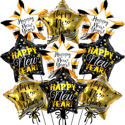 9-Piece Happy New Year Balloons – Black & Gold Star Foil Party Supplies