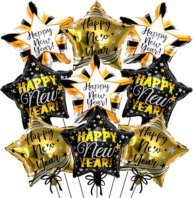 9-Piece Happy New Year Balloons – Black & Gold Star Foil Party Supplies