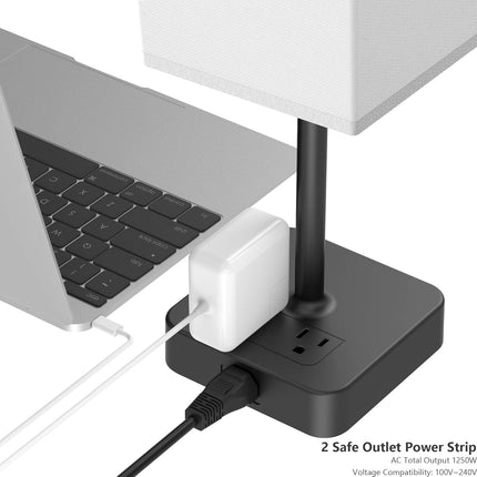 Bedside Table Lamp Touch Control USB C+A 2 AC Outlets Black Fabric Shade White