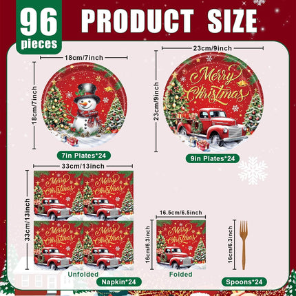 96-Pcs Disposable Christmas Tableware Red Truck & Snowman Themed Party Set