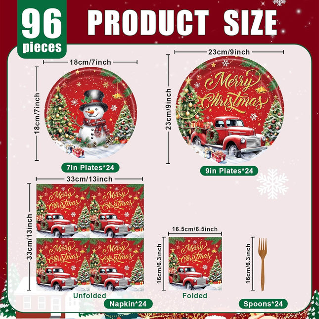 96-Pcs Disposable Christmas Tableware Red Truck & Snowman Themed Party Set