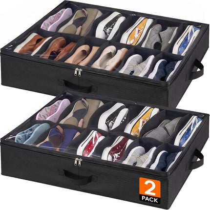 2 Pack Under Bed Shoe Storage Organizer, 24 Pairs, Clear Cover, Foldable Bags