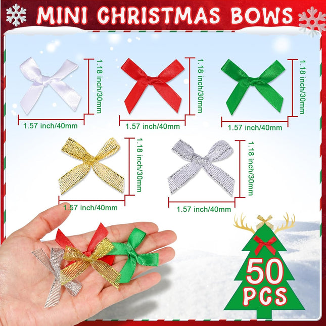 50PCS Mini Bow Ribbons for Gift Wrapping Crafts Tree Decor and Holiday Gifts